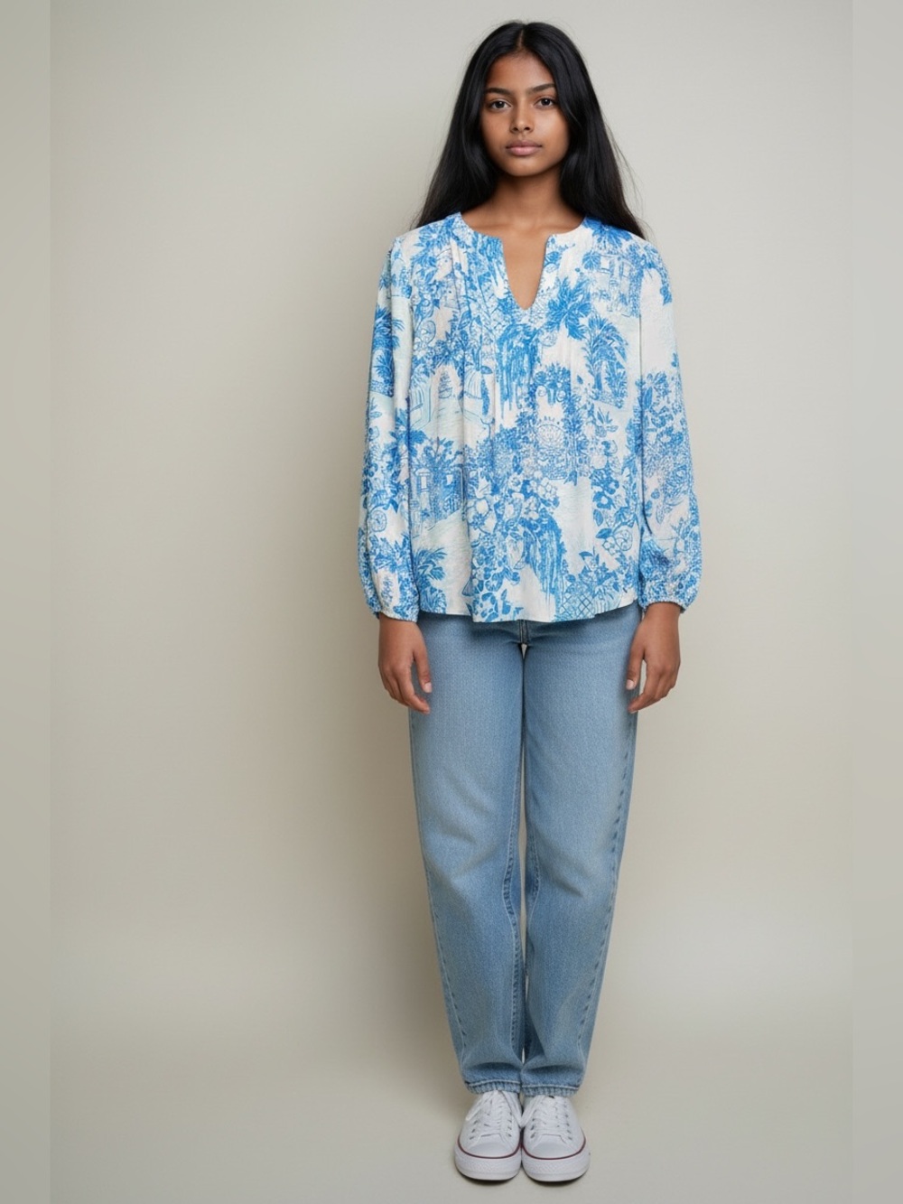 Lilly Pulitzer Blue & White Floral Split-Neck Tunic